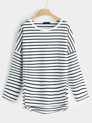 Wholesale Round Neck Stripe Slit Long Sleeve Plus Size Tops