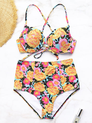Wholesale V-Neck Sleeveless Floral Print Criss-Cross Bikini Set Swimwear