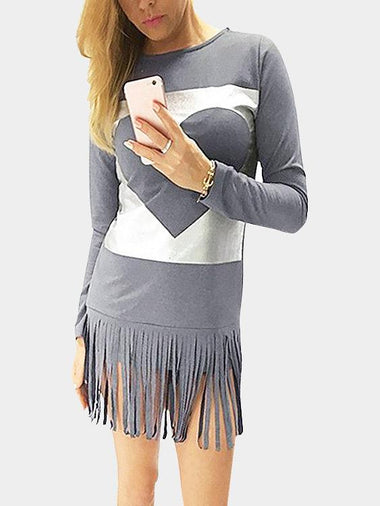 Wholesale Grey Round Neck Long Sleeve Tassel Hem Casual Dresses