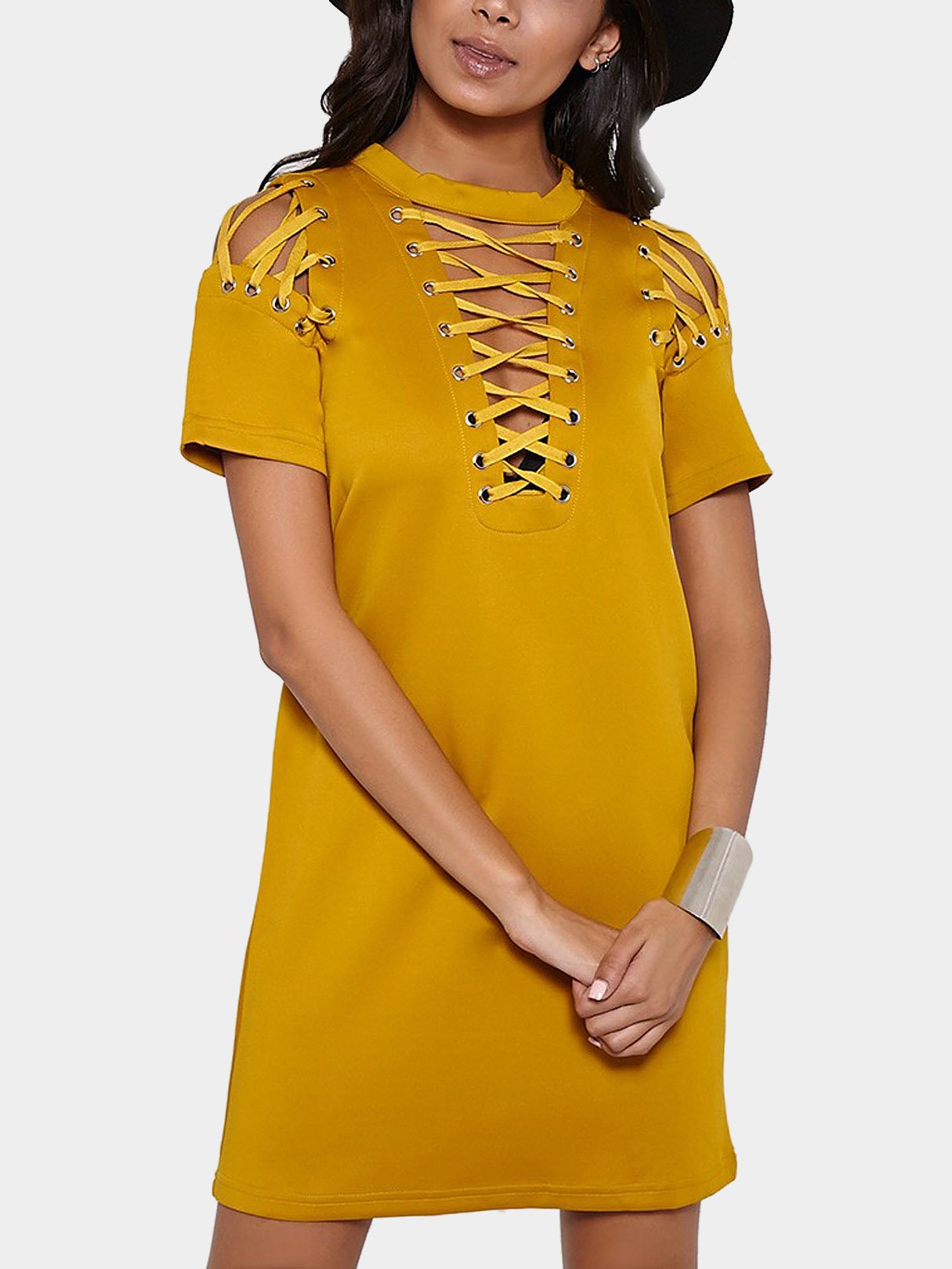 Wholesale Tan Perkins Collar Short Sleeve Plain Crossed Front Lace-Up Casual Dress