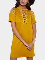 Wholesale Tan Perkins Collar Short Sleeve Plain Crossed Front Lace-Up Casual Dress
