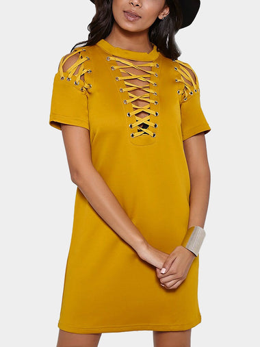 Wholesale Tan Perkins Collar Short Sleeve Plain Crossed Front Lace-Up Casual Dress