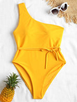 Wholesale Yellow One Shoulder Sleeveless Plain Belt One-Piece Swimsuit