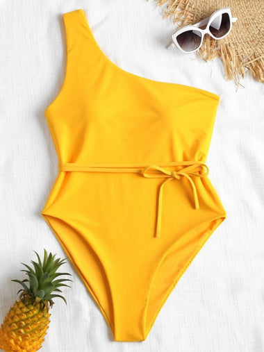 Wholesale Yellow One Shoulder Sleeveless Plain Belt One-Pieces