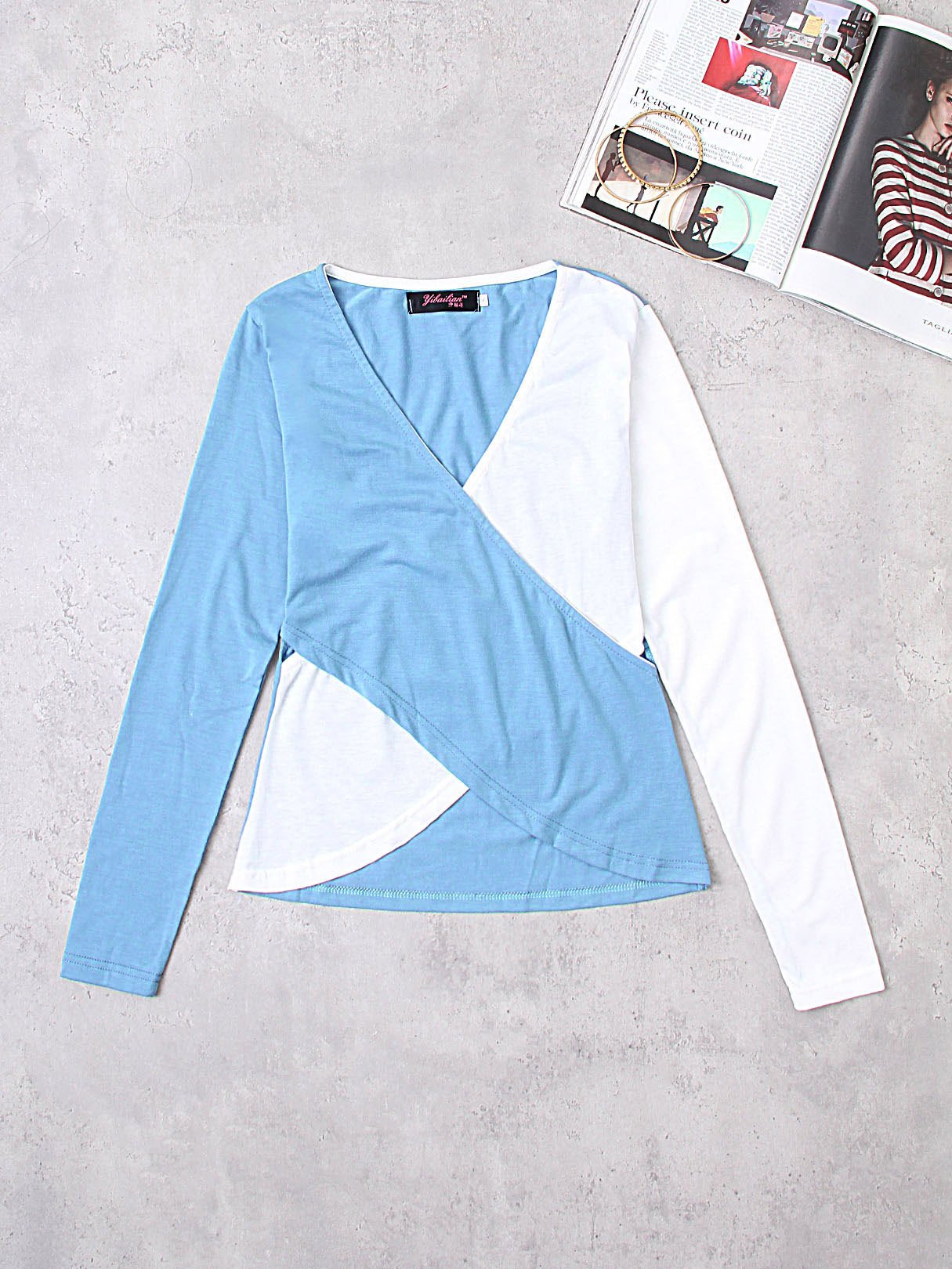 Wholesale V-Neck Crossed Front Long Sleeve Slit Hem T-Shirts