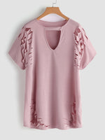 Wholesale V-Neck Plain Cut Out Short Sleeve Pink Plus Size Tops