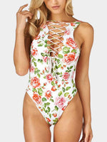 Wholesale White Sleeveless Floral Print Backless Lace-Up One-Pieces