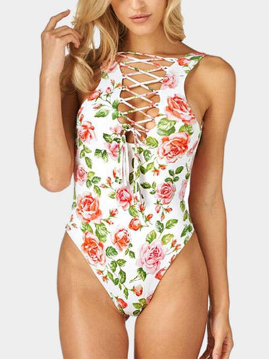 Wholesale White Sleeveless Floral Print Backless Lace-Up One-Pieces