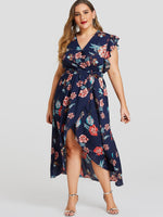 Wholesale V-Neck Floral Print Self-Tie Ruffle Trim Sleeveless Navy Plus Size Dress