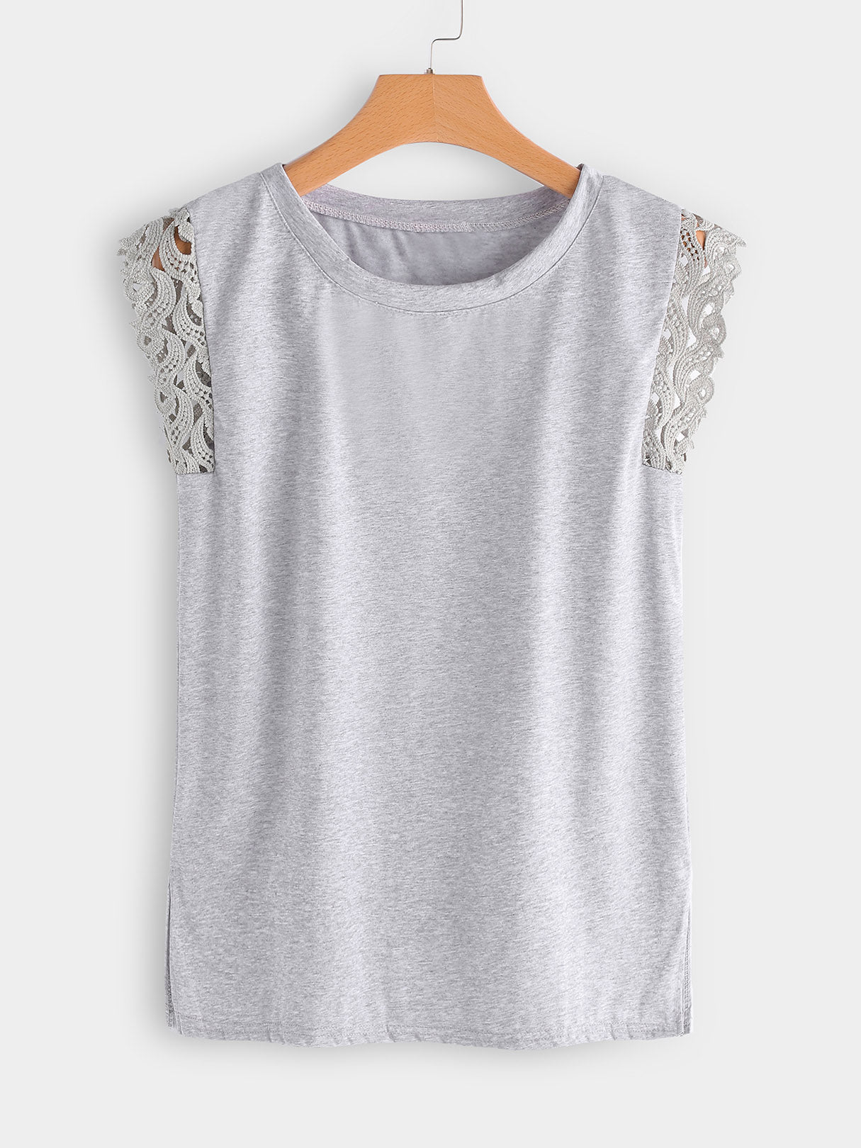 Wholesale Round Neck Plain Lace Slit Sleeveless Grey Plus Size Tops