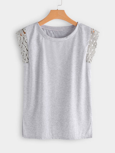 Wholesale Round Neck Plain Lace Slit Sleeveless Grey Plus Size Tops