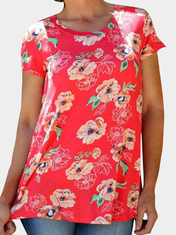 Wholesale Round Neck Floral Print Short Sleeve Red T-Shirts