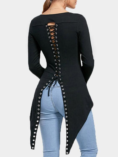 Wholesale Round Neck Plain Lace-Up Long Sleeve Irregular Hem Black Top