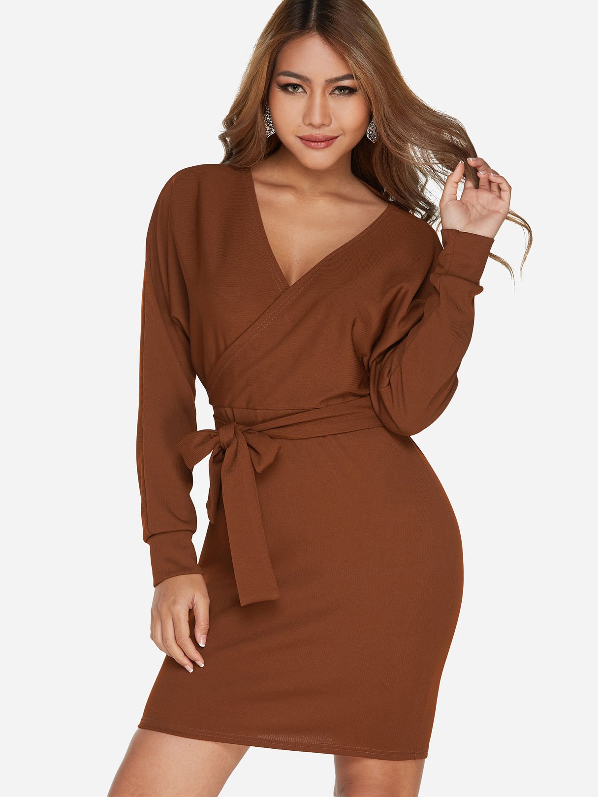 Wholesale V-Neck Long Sleeve Crossed Front Self-Tie Dresses