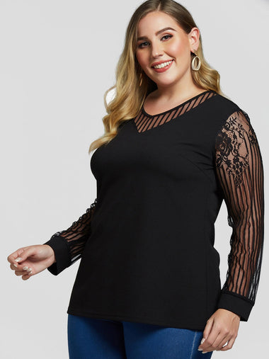 Wholesale V-Neck Lace See Through Long Sleeve Black Plus Size Tops