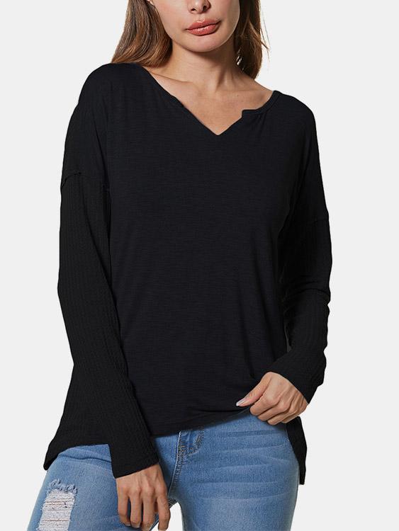 Wholesale Plain V-Neck Long Sleeves Tees