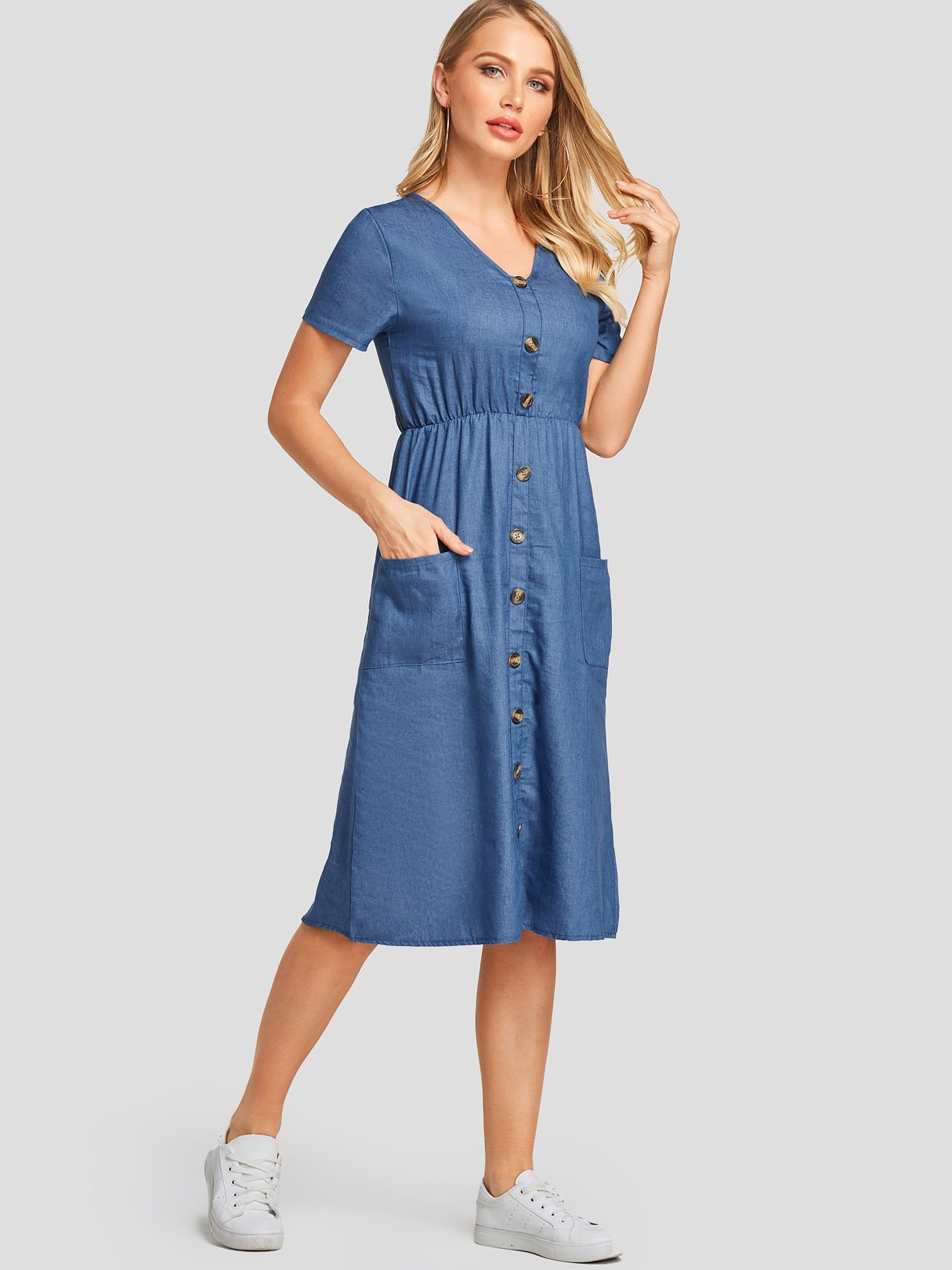 NEW FEELING Womens Dark Blue V-Neck Dresses
