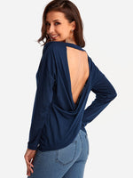 Wholesale V-Neck Plain Backless Long Sleeve Navy T-Shirts