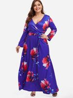 Wholesale V-Neck Floral Print Wrap Long Sleeve Plus Size Maxi Dresses