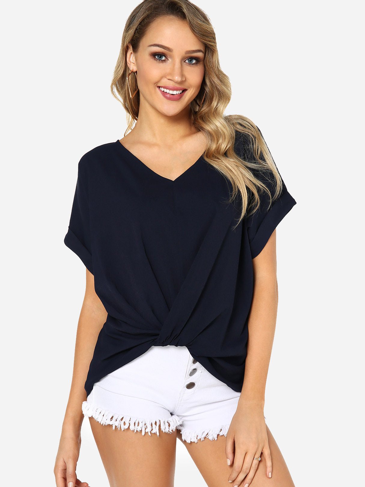 Wholesale V-Neck Plain Pleated Short Sleeve Ruffle Hem Blue T-Shirts