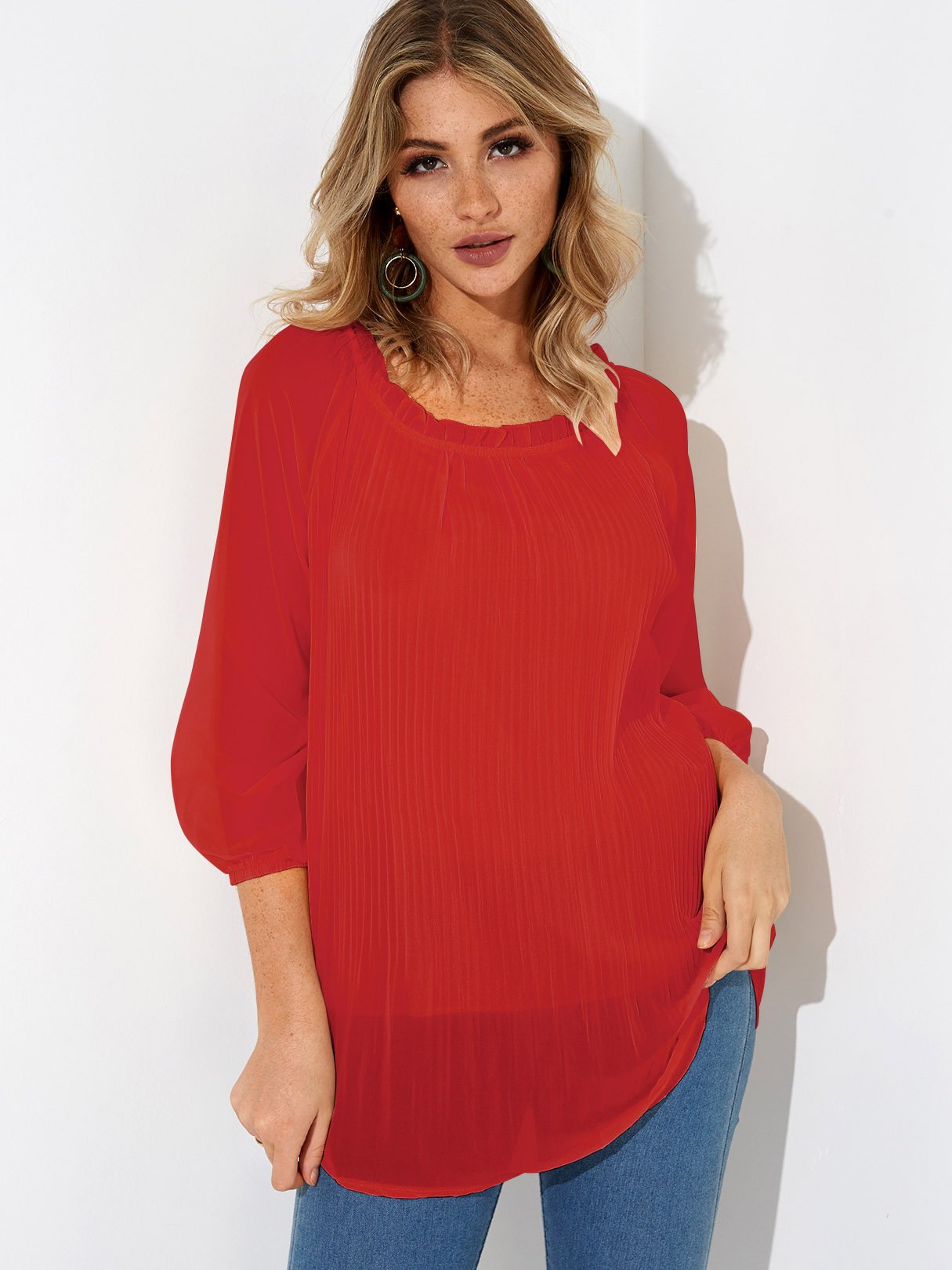Wholesale Round Neck Pleated Long Sleeve Blouses
