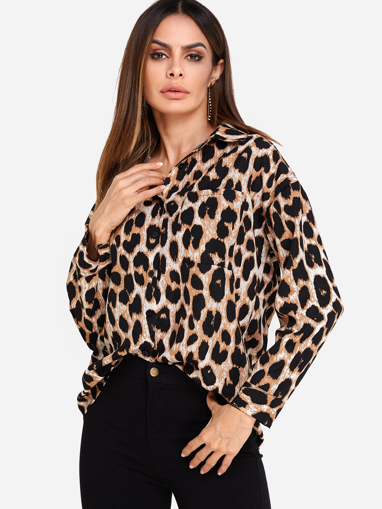 Wholesale Classic Collar Leopard Side Pockets Long Sleeve Blouses