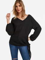 Wholesale V-Neck Self-Tie Long Sleeve Black Blouses