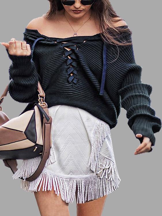 Wholesale Knitted V-Neck Lace-Up Front Long Sleeve Top