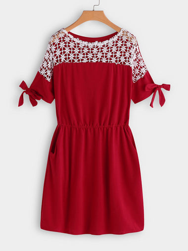 Wholesale Round Neck Short Sleeve Lace Red Casual Dresses
