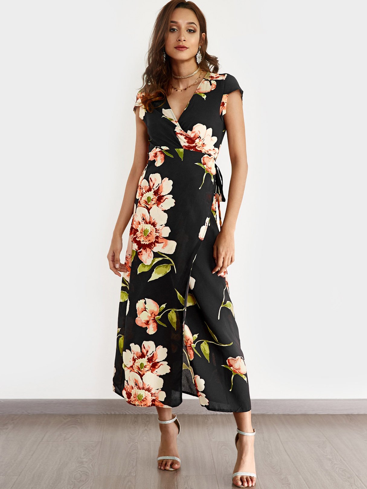 Wholesale Black Short Sleeve Floral Print Deep V Neck Slit Hem Maxi Dresses