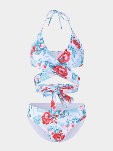 Wholesale Halter Sleeveless Floral Print Backless Wireless Bikinis