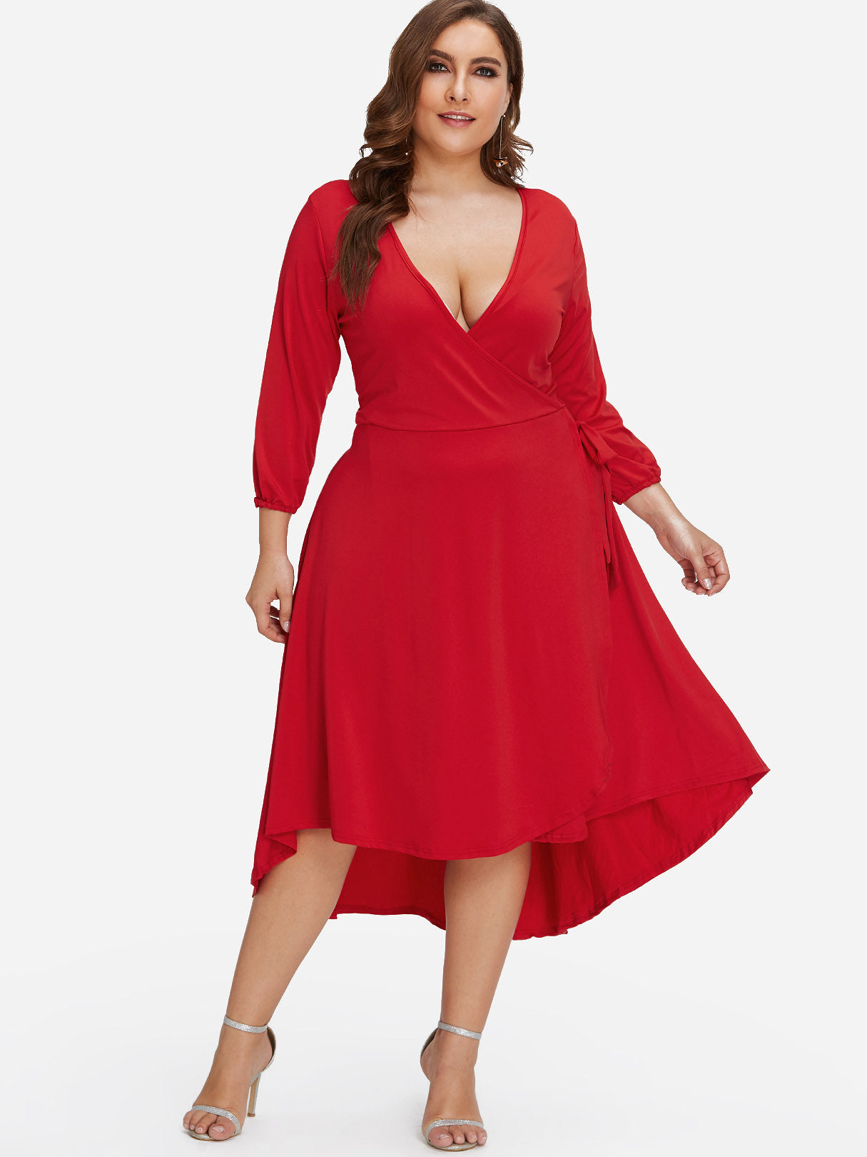 Wholesale V-Neck Plain Self-Tie Wrap 3/4 Sleeve Plus Size Dress