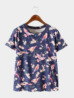 Wholesale Round Neck Floral Print Short Sleeve Navy Tee