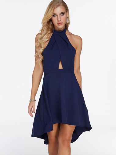 Wholesale Dark Blue Halter Sleeveless Plain Zip Back Backless Cut Out High-Low Hem Sexy Dress