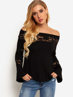 Wholesale Off The Shoulder Plain Lace Long Sleeve T-Shirts