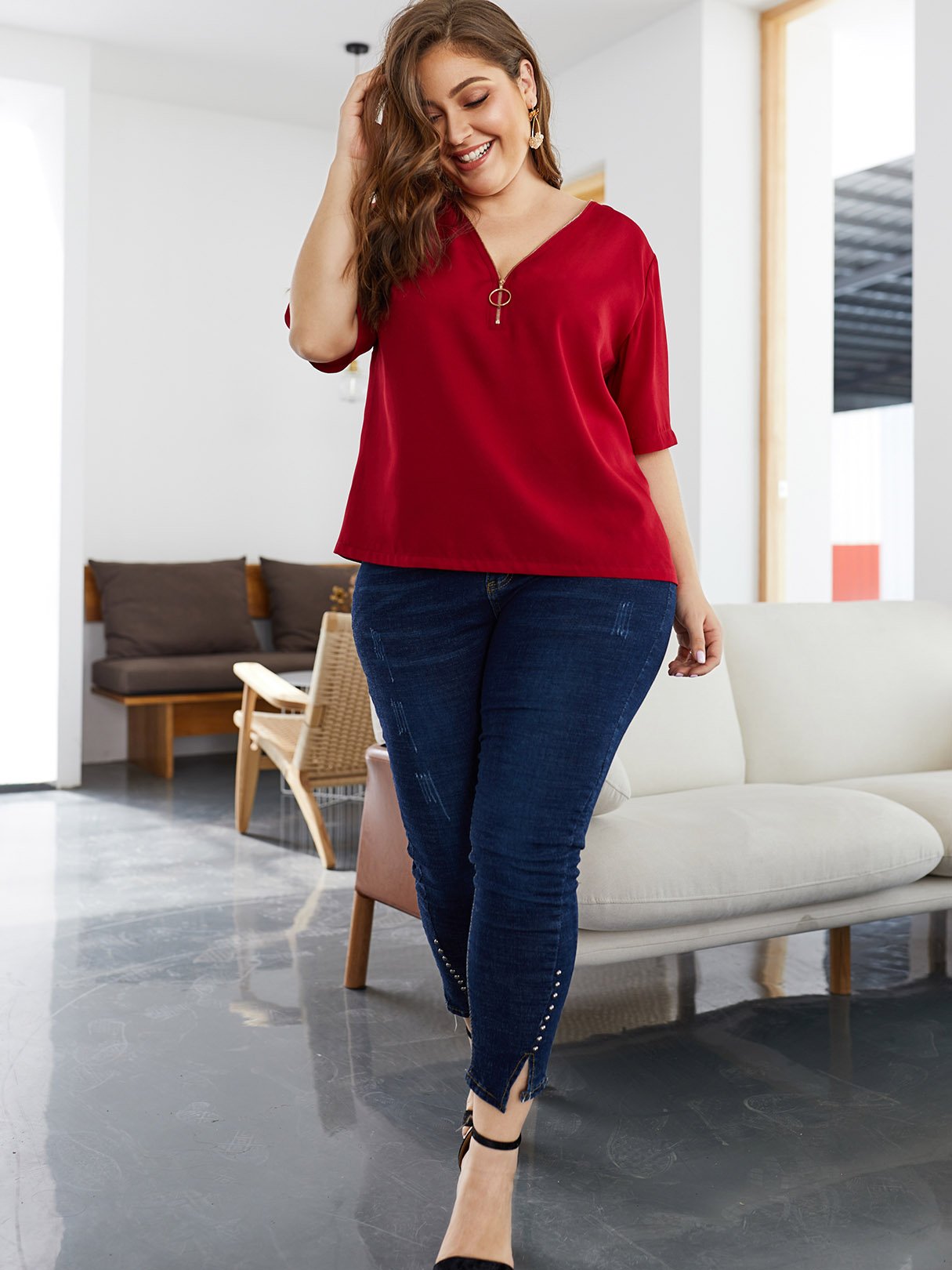 NEW FEELING Womens Burgundy Plus Size Tops