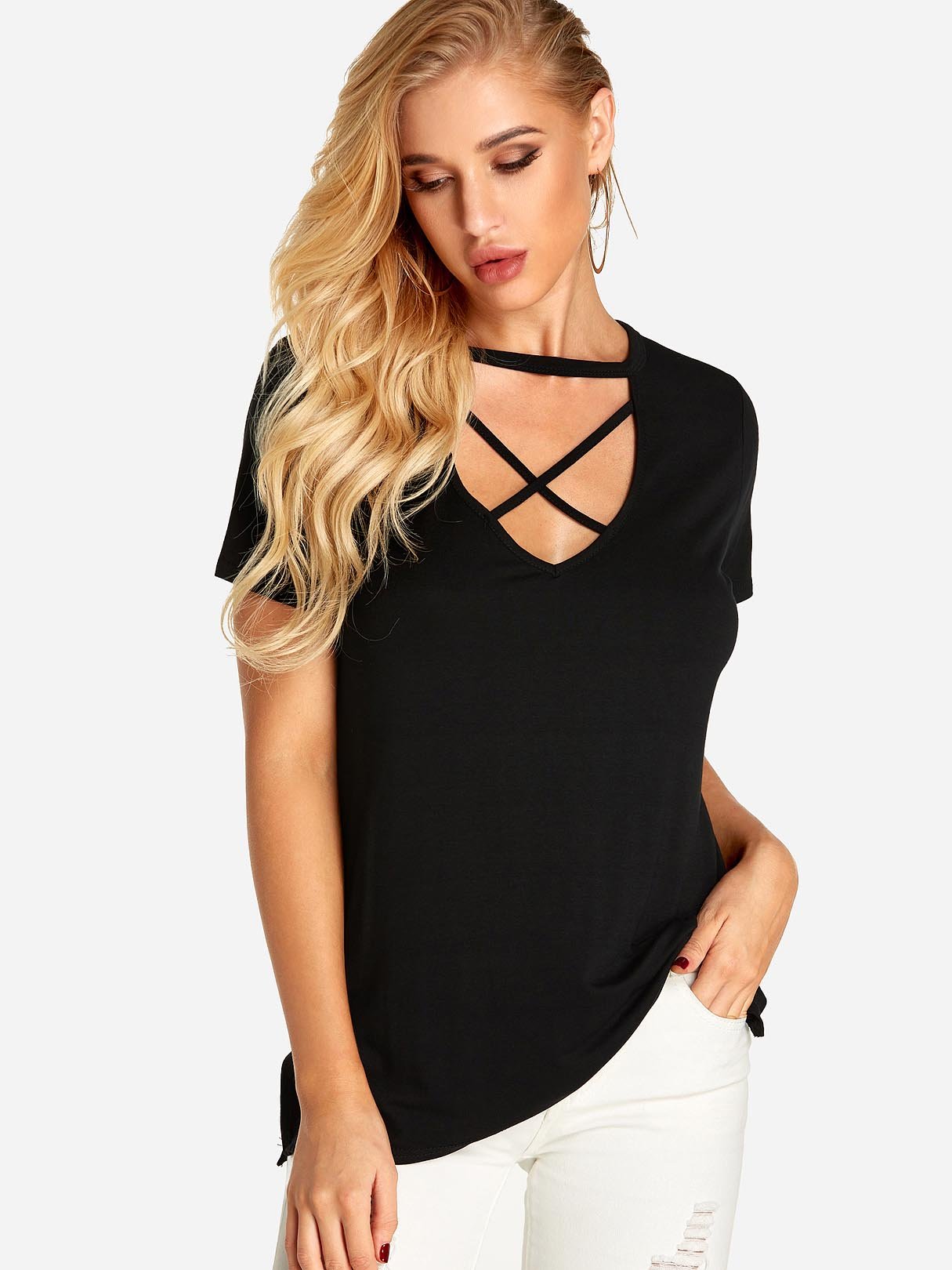 Wholesale Deep V Neck Plain Crossed Front Short Sleeve Black T-Shirts