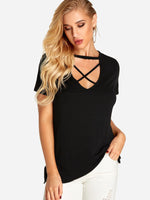 Wholesale Deep V Neck Plain Crossed Front Short Sleeve Black T-Shirts