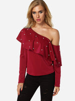 Wholesale Asymmetrical One Shoulder Plain Handmade Beaded Long Sleeve Flounced Hem Red T-Shirts