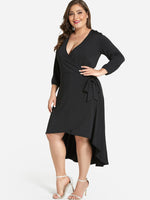 Wholesale V-Neck Plain Self-Tie Wrap Long Sleeve High-Low Hem Black Plus Size Dress