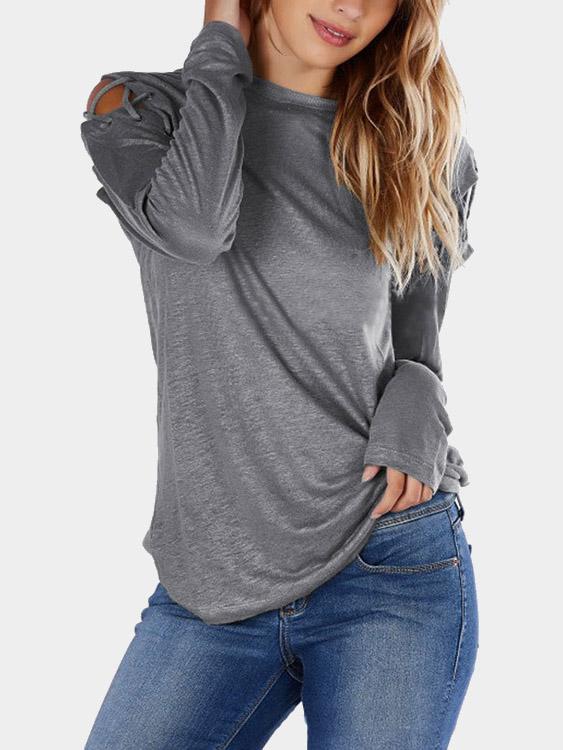 Wholesale Round Neck Cold Shoulder Long Sleeve Gray T-Shirts