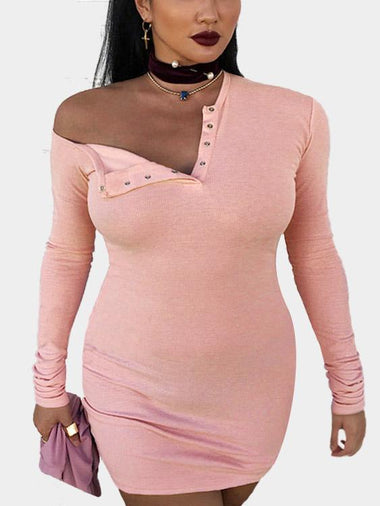 Wholesale Pink V-Neck Long Sleeve Plain Dresses