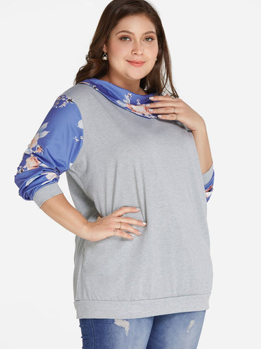 Wholesale Round Neck Floral Print Long Sleeve Plus Size Tops