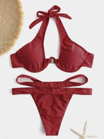 Wholesale Red V-Neck Sleeveless Plain Backless Cut Out Bikini Set Swimwear