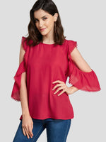 Wholesale Round Neck Cut Out Short Sleeve Red Blouses