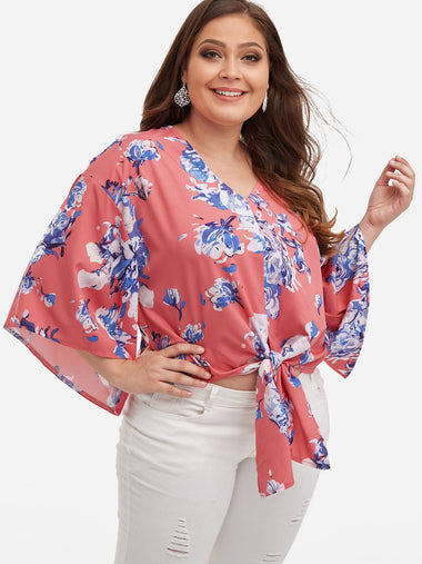 Wholesale V-Neck Floral Print Self-Tie 3/4 Sleeve Plus Size Tops