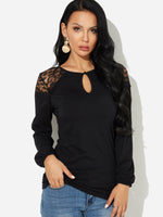 Wholesale Crew Neck Plain Lace Cut Out Long Sleeve Black T-Shirts