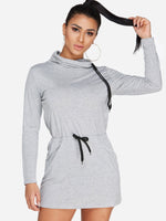 Wholesale Chimney Collar Long Sleeve Plain Side Pockets Self-Tie Grey Casual Dresses