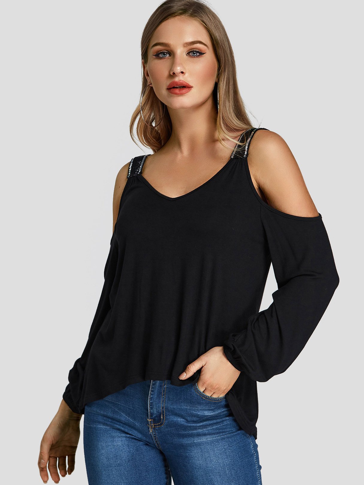 Wholesale V-Neck Cold Shoulder Cut Out Sequins Embellished Long Sleeve Curved Hem Black T-Shirts