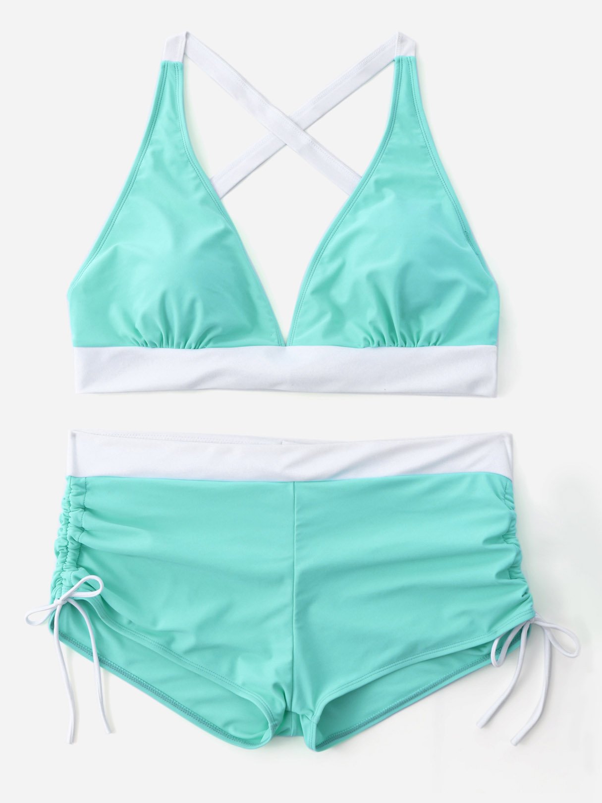Wholesale V-Neck Backless Lace-Up Pleated Sleeveless Bodycon Hem Green Plus Size Swimwear